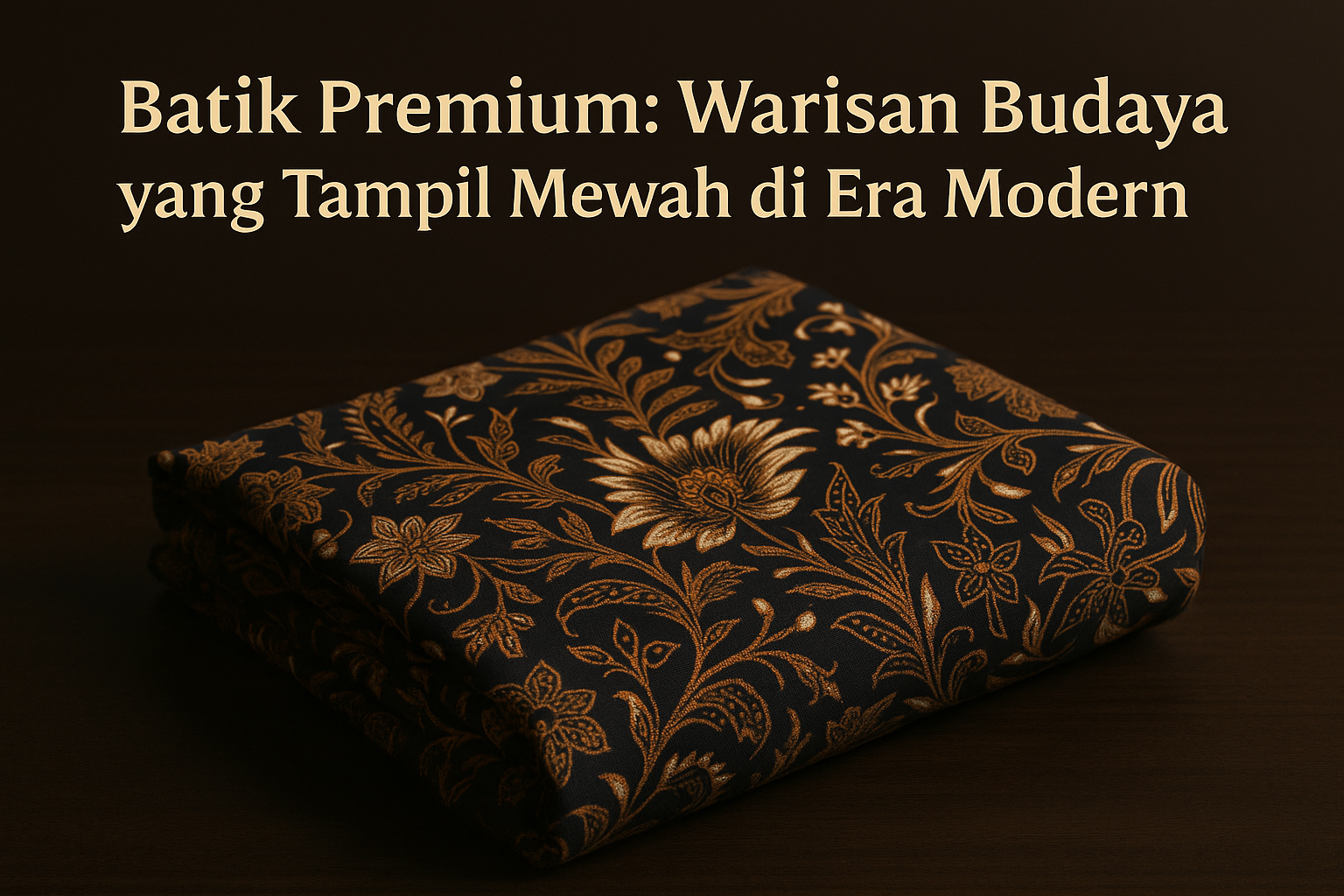 Kain batik premium dengan motif tradisional elegan berwarna emas di atas dasar hitam, melambangkan kemewahan dan keanggunan budaya Indonesia di era modern.