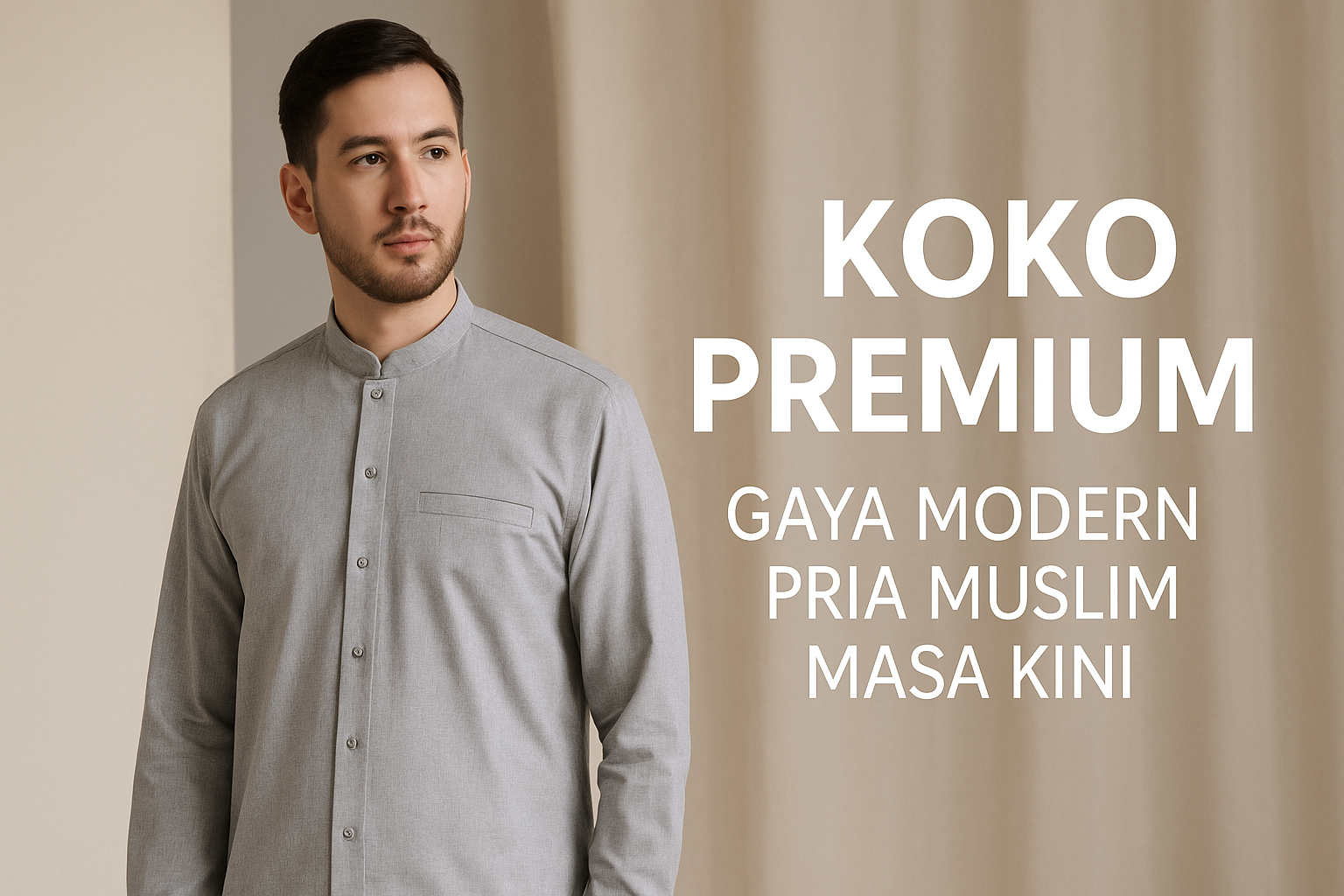 Pria muslim modern mengenakan koko premium warna abu elegan dengan desain minimalis dan pencahayaan lembut di studio.