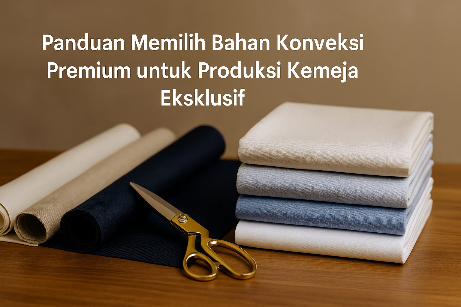 Kain konveksi premium seperti katun, linen, dan sutra di meja jahit dengan gunting emas untuk produksi kemeja eksklusif.