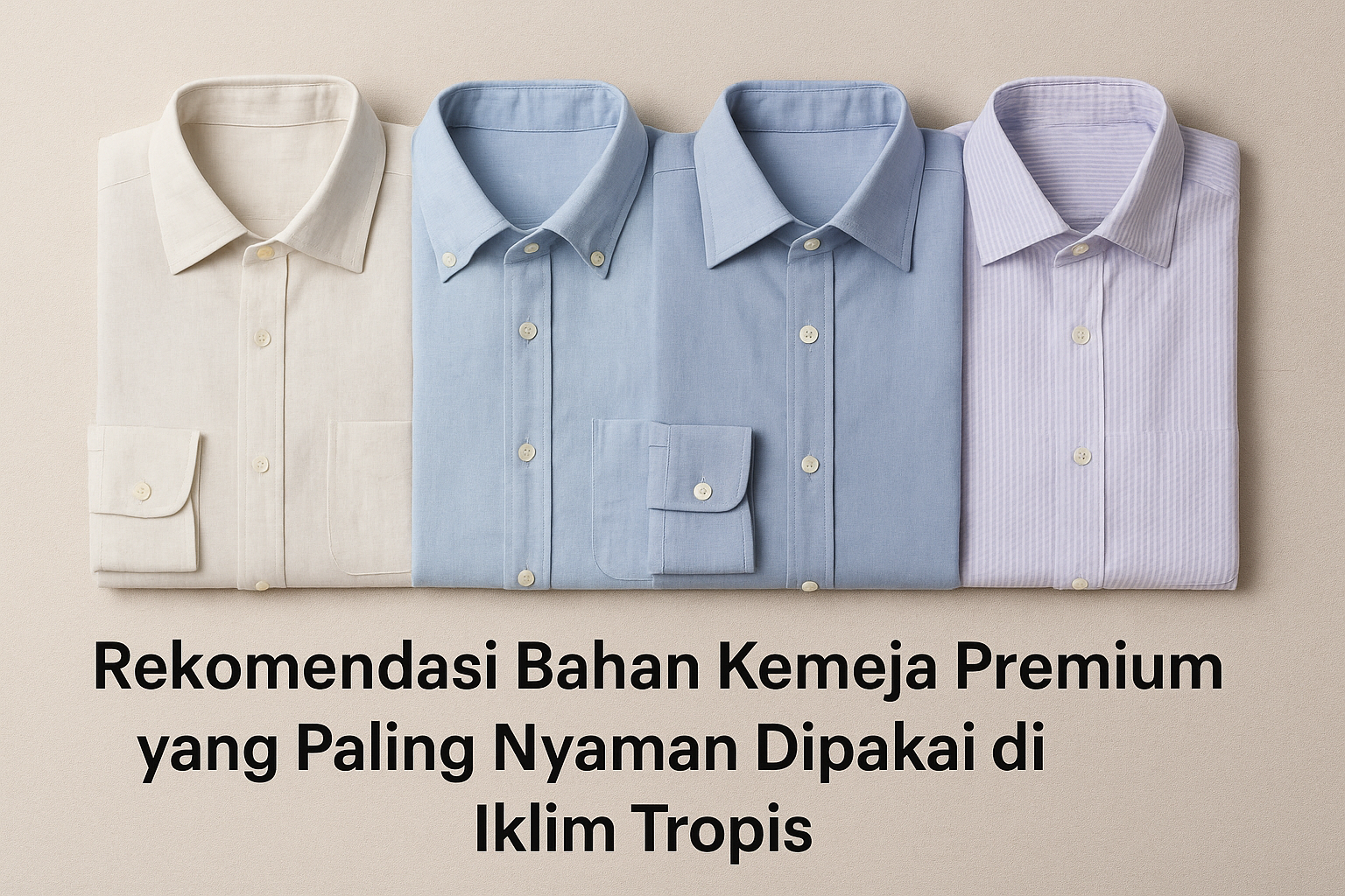 Empat kemeja pria premium berbahan linen, katun, dan poplin dengan warna lembut netral yang nyaman untuk iklim tropis.