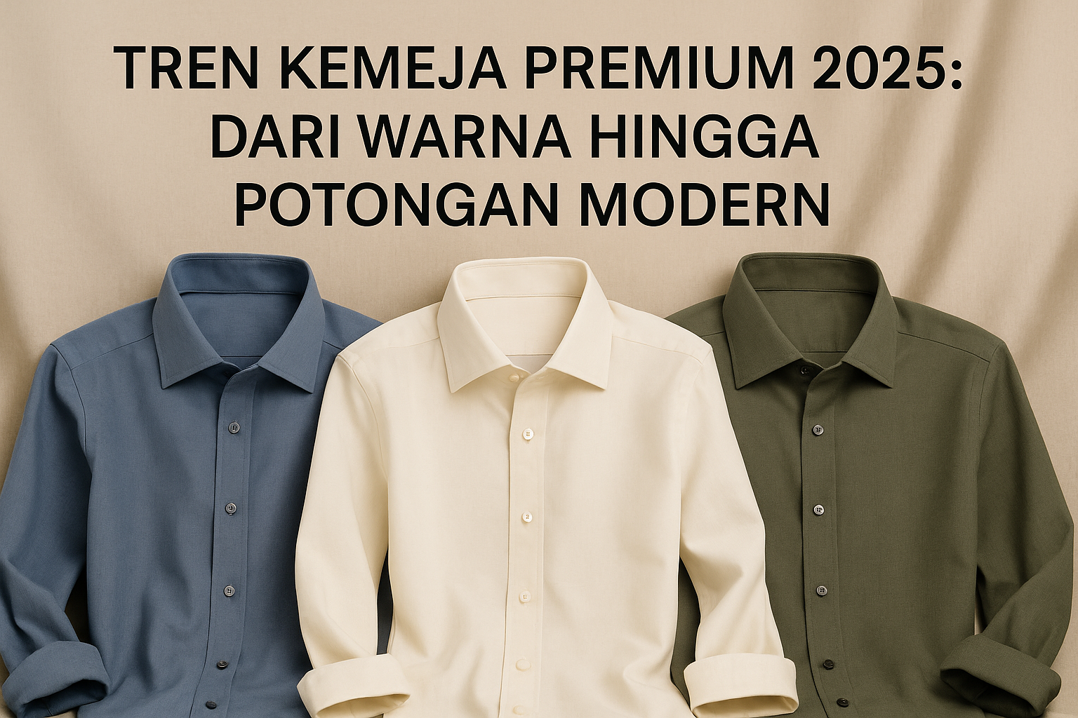 Tiga kemeja premium pria warna tren 2025 — beige, navy, dan olive — menampilkan potongan modern dan tekstur elegan di atas latar kain netral.