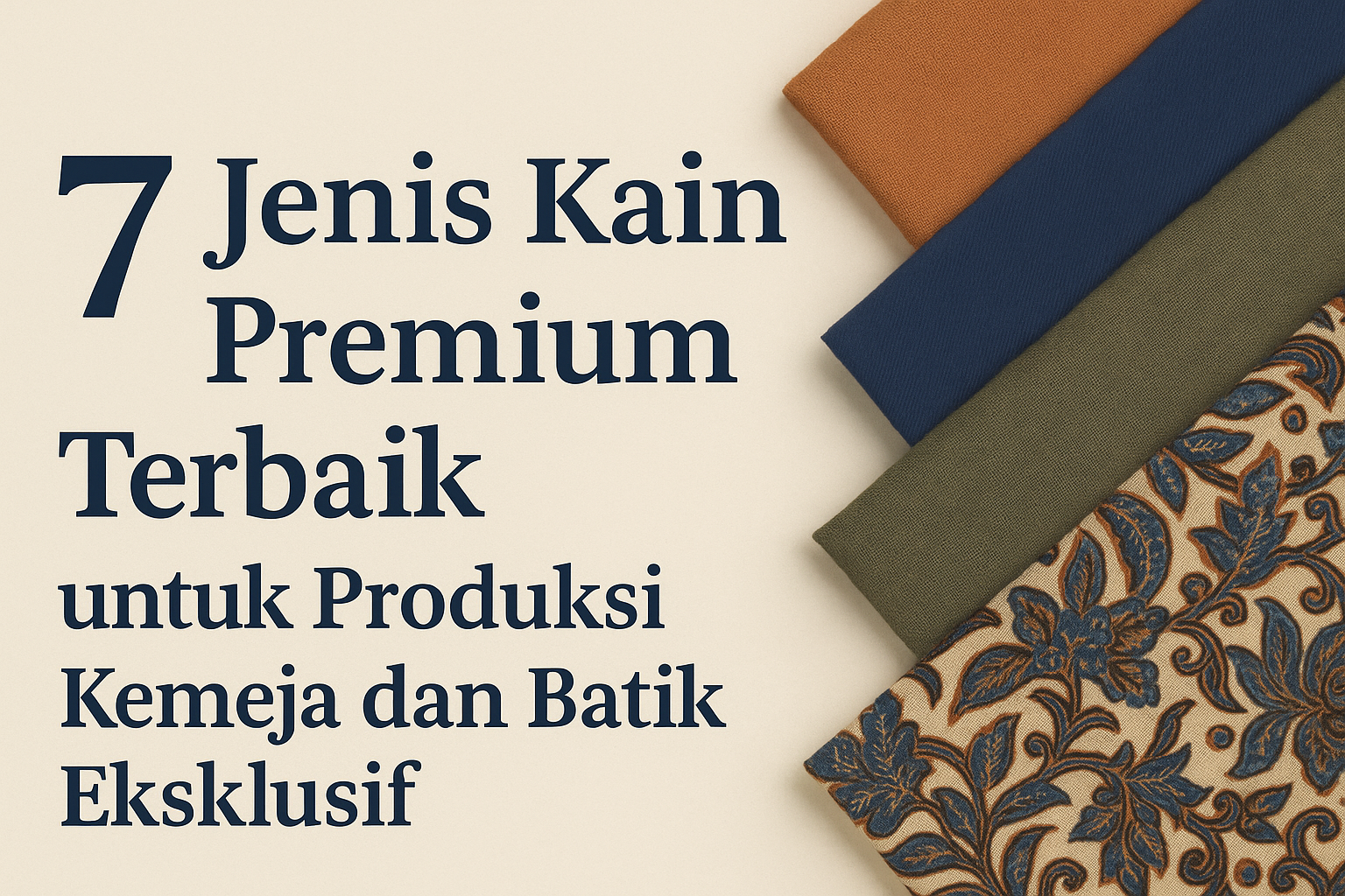 Beragam jenis kain premium seperti katun Giza, Supima, linen, dan sutra untuk kemeja dan batik eksklusif dengan pencahayaan elegan.