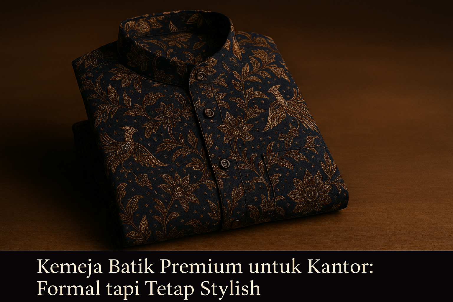 Kemeja Batik Premium untuk Kantor Formal tapi Tetap Stylish Kemeja batik premium pria bermotif klasik warna navy dan emas dilipat rapi di atas meja kayu, merepresentasikan gaya formal yang elegan untuk profesional muda.