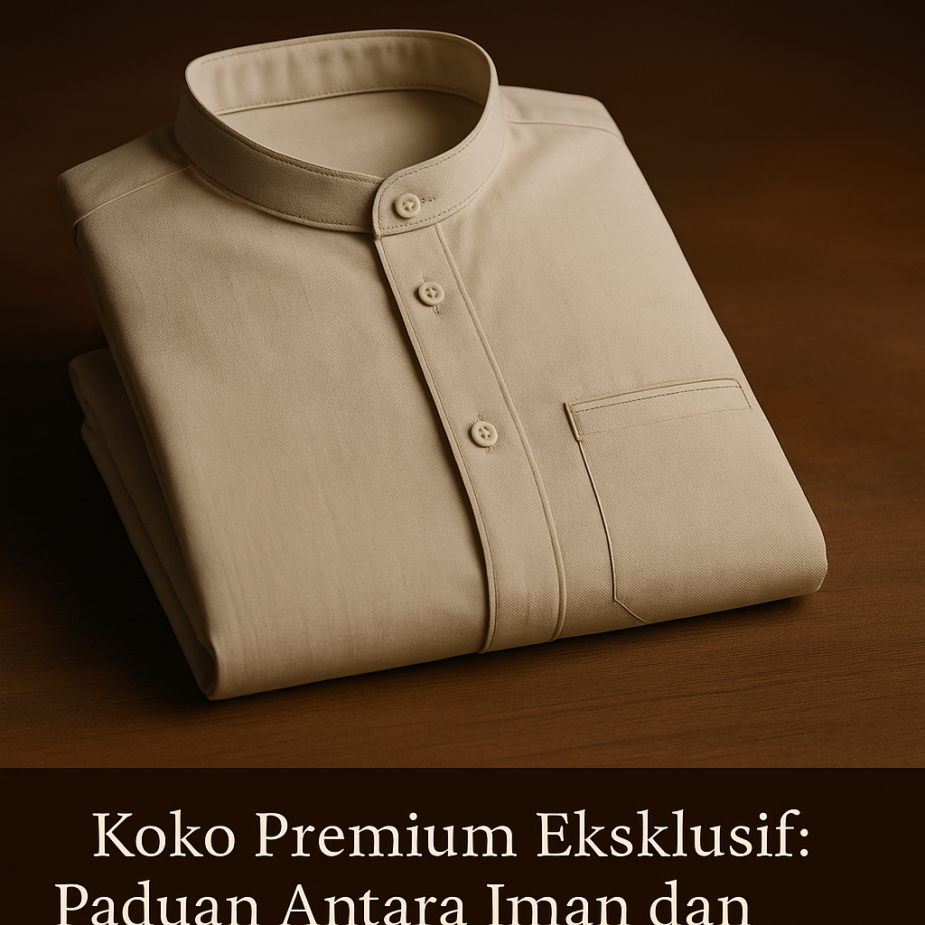Koko premium pria berwarna krem dengan kerah Mandarin elegan dan detail jahitan halus di atas meja kayu, melambangkan paduan iman dan gaya modern.