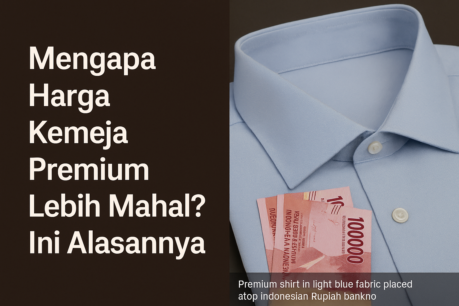 Mengapa Harga Kemeja Premium Lebih Mahal Ini Alasannya Kemeja premium pria warna biru muda dengan uang rupiah di saku, menggambarkan nilai dan kualitas tinggi dalam setiap detail jahitan.